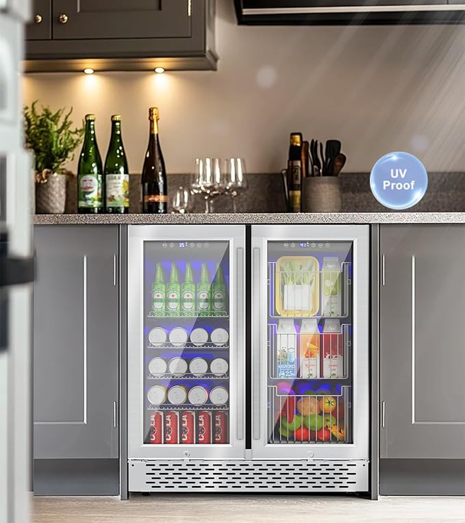 Dual Zone Beverage Refrigerator, 30'' Beverage Fridge with Detachable Basket, Intelligent Control Beverage Cooler with Glass Door Built-in or Freestanding with Blue LED Light, Hold 130 Can 60 Bottle