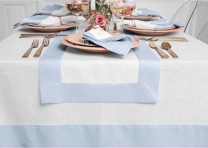 Solino Home Linen Tablecloth 60 x 120 Inch - 100% Pure Linen Light Blue and White Tablecloth for Rectangle Tables - Contempo, Machine Washable Table Cloth for Winter, New Year