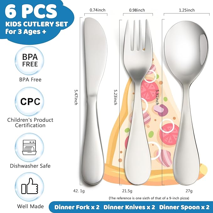 6 Piece Kids Silverware Set, EIUBUIE 18/10 Stainless Steel Toddler Utensils, Child and Baby Safe Flatware, Metal Kids Utensil Cutlery Set Includes 2 Toddler Forks and Spoons, 2 Butter Knives