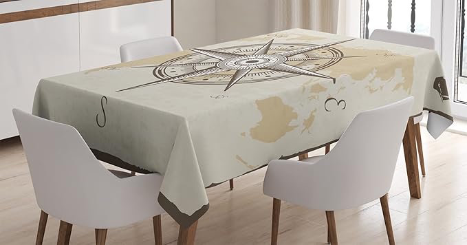Ambesonne Compass Tablecloth, Nautical Compass on Background Old Map with Torn Border Frame Illustration Print, Rectangular Table Cover for Dining Room Kitchen Decor, 60" X 90", Brown Beige