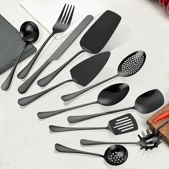 Black Utensils Catering Set 11-Piece Stainless Steel Spatula Turner Serving Spoon Fork Skimmer Ladle Cake Server Cutter, Buffet Banquet Kitchen Restaurant Hostess Set Easy to Clean