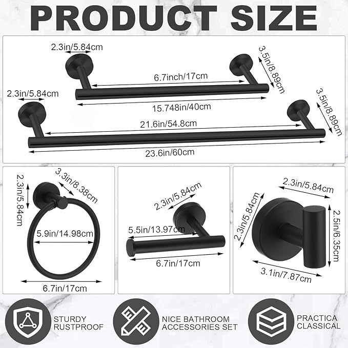 Gisafai 25 Pcs Bathroom Hardware Set, 23.6 Inch Brushed Towel Bar Ring Toilet Paper Holder Robe Towel Hook, SUS304 Stainless Steel Bathroom Accessory Set Wall Mounted (Black)