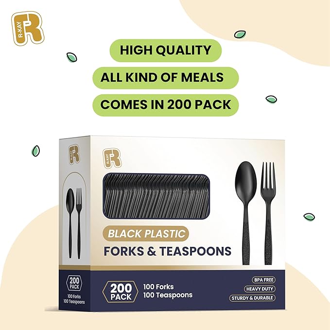 200 Count Black Plastic Silverware Heavy Duty - Black Plastic Forks And Spoons Set - BPA Free Plastic Utensils Set - Heat Resistance Cutlery For All Occasions