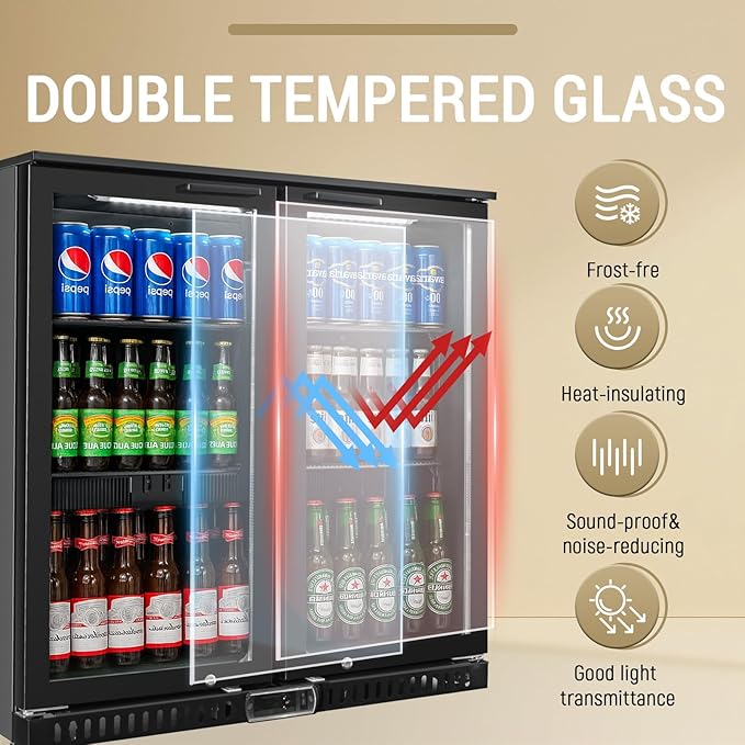 Commercial Back Bar Cooler with 2 Glass Doors, 7.4 cu.ft Under Counter Beverage Refrigerator, LED Lighting - ETL Certified Beer and Wine Cooler for Bar, Restaurant, Garage, Office, Home