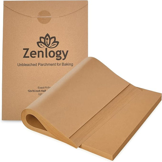 Zenlogy Parchment Paper Sheets 12x16 (100 sheets) for Baking - Unbleached Chlorine-free High Heat Non-Stick Pre-Cut Parchment Paper for Half Sheet Pans