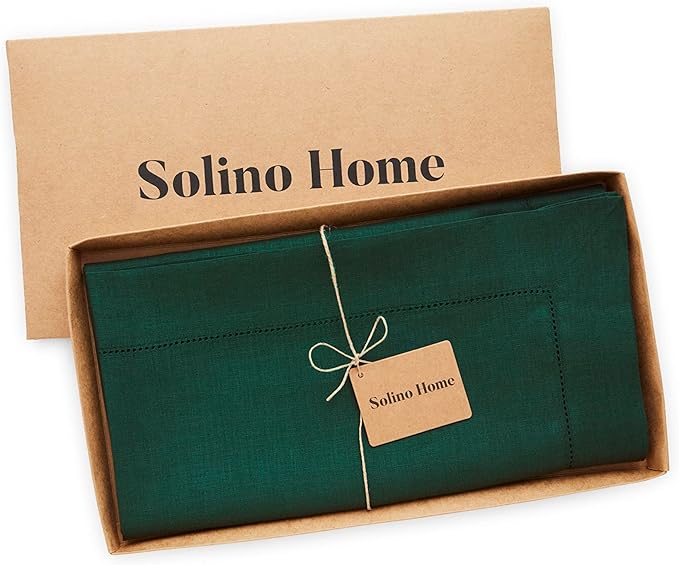 Solino Home Rainforest Green Linen Tablecloth 52 x 52 Inch - 100% Pure Linen Square Table Throw - Classic Hemstitch, Machine Washable Table Cloth for Winter, New Year