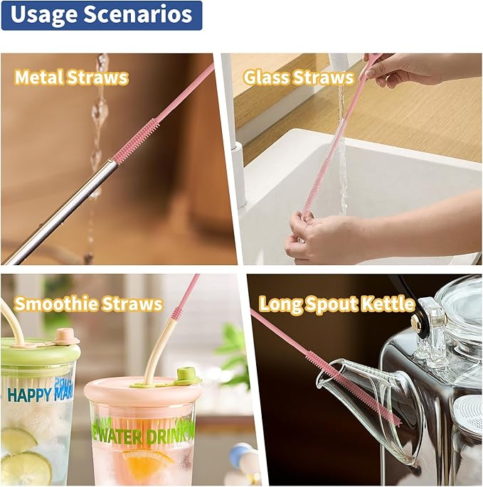 Silicone Straw Cleaner Brush, 2Pcs Reusable Straw Brush Extra Long for Cleaning Tumbler with Handle and Glass Metal Smoothie Straws, Non-slip Handle Soft and Bendable, 6mm+9mm (Pink)
