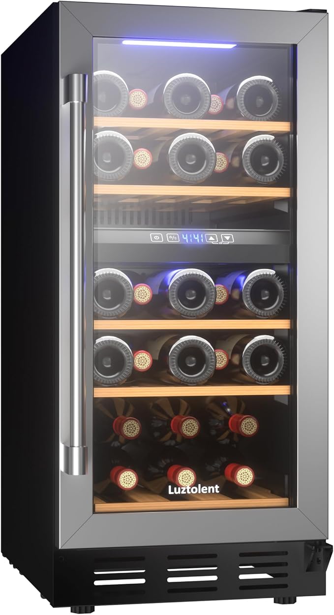 26 Bottles Wine Cellar, 15 Inch Compressor Wine Cooler with Dual Zone, Built-in or Under Counter, 41-64°F Digital Touchscreen, Triple-Layer Glass, Wine Fridge in Cabinet