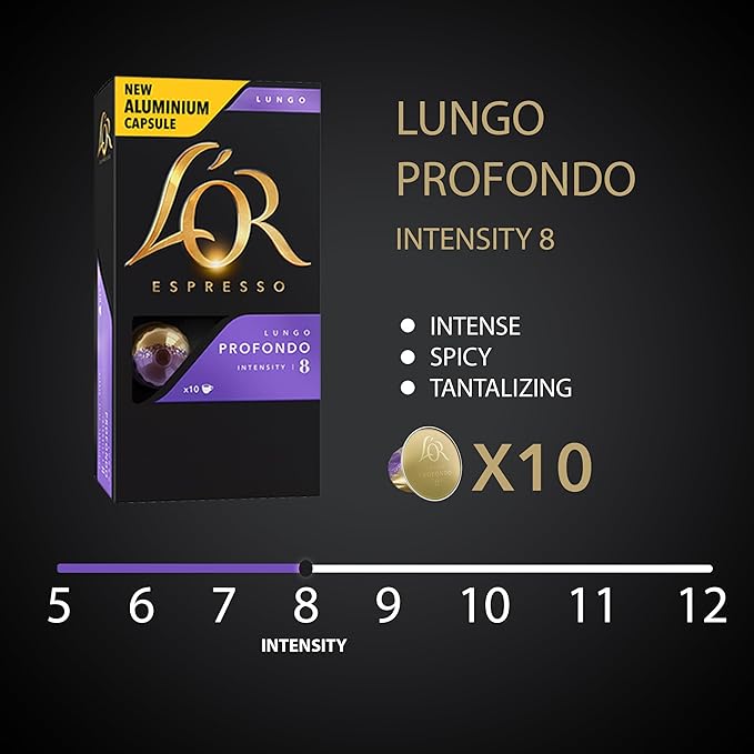 L'OR Espresso Capsules, 10 Count Profondo Lungo, Single-Serve Aluminum Coffee Capsules Compatible with the L'OR BARISTA System & *Nespresso Original Machines, 10 Count (Pack of 1)