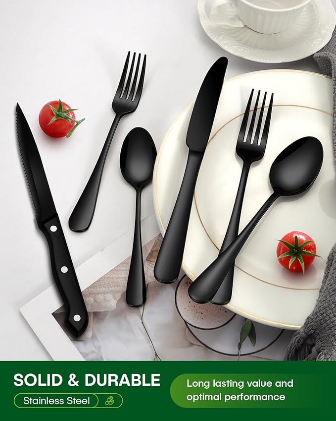 Black Silverware Set, 48-Piece Flatware Set with Steak Knives for 8, Stainless Steel Mirror Cutlery Include Forks Spoons and Knives Set, Dishwasher Safe Utensils Set for Home Restaurant