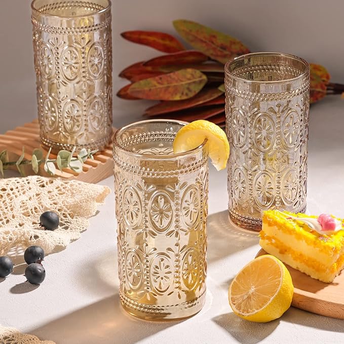 6 Pack Highball Beverage Glass Cup, 12oz Amber Glassware Drinking, Vintage Embossed Drinking Glasses, Old Fashioned Glass for Party Wedding Home Office and Gift
