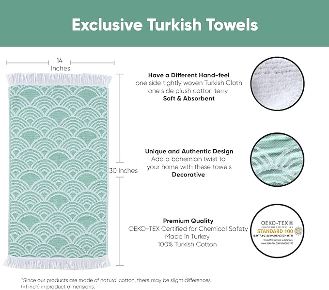 sea me at home Turkish Hand Towels for Bathroom, Kitchen Towels Decorative Set of 2, Luxury Turkish Cotton Dish Tea Towels 14 x 30 Inches for Modern, Boho, and Farmhouse Decor (Green Waves)