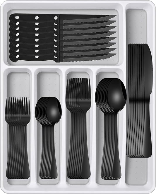 Black 49 Pieces Stainless Steel Flatware Sets With Organizer,Black Silverware Sets With Steak Knives Service For 8,Black Tableware Cutlery Sets For Home Kitchen