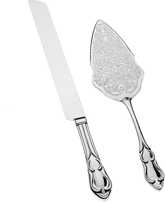 Ella Celebration Cake Knife Server Set Silver Wedding or Anniversary, Vintage Party Supplies Decoration (Elegant Silver)