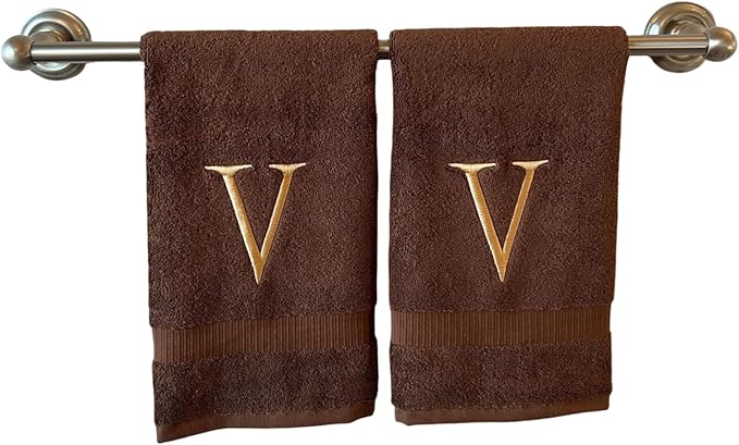 Brown Initial Hand Towel for Bathroom - Monogrammed Luxury Hotel Quality Decorative Embroidered Towel for Powder Room, Spa - GOTS Organic Certified - Set of 2 Beige Letter V