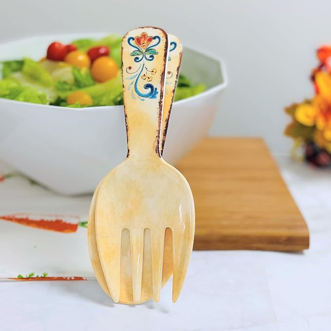UPware Tuscany Melamine Salad Servers, Serving Utensil Set, Includes Serving Fork and Spoon for Tossing Salad, Pasta, Yellow, 10.75 Inch, Set of 2