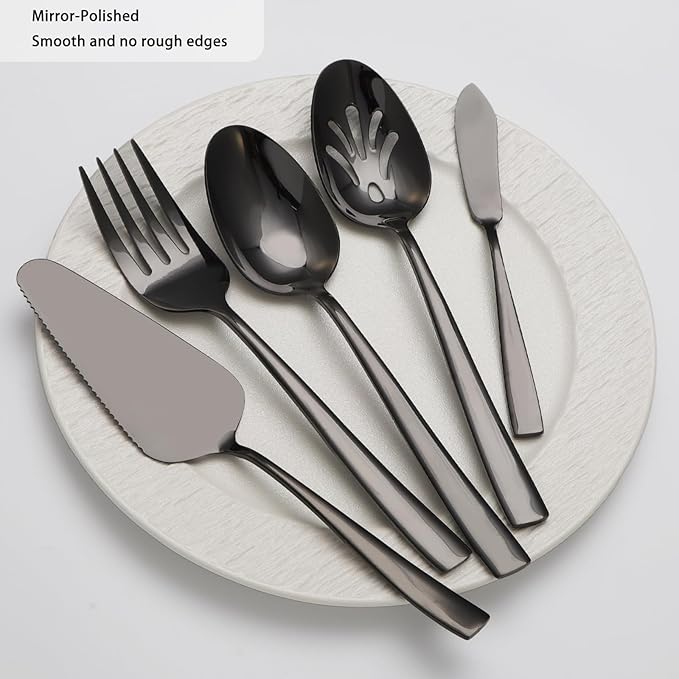 Large Hostess Serving Utensils Set, Stainless Steel Heavy Duty Serving spoons, Slotted Spoons, Serving Fork, Cake Server, Butter Knife, Dishwasher Safe (Black)