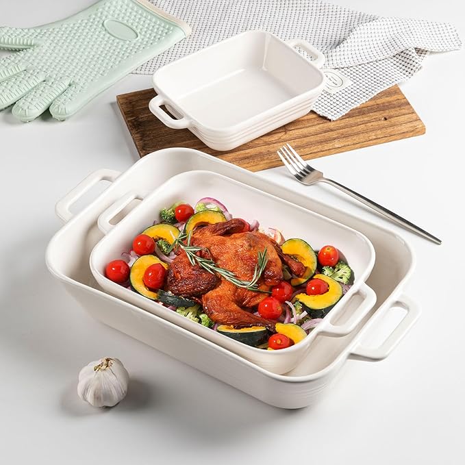 Sweejar Relief Casserole Dishes for Oven, Ceramic 9x13 Baking Pans Set for Cooking, Cake, Banquet and Daily Use, Rectangular Bakeware Set, Porcelain Baking Dish, Lasagna Pan Deep with Handles(White)