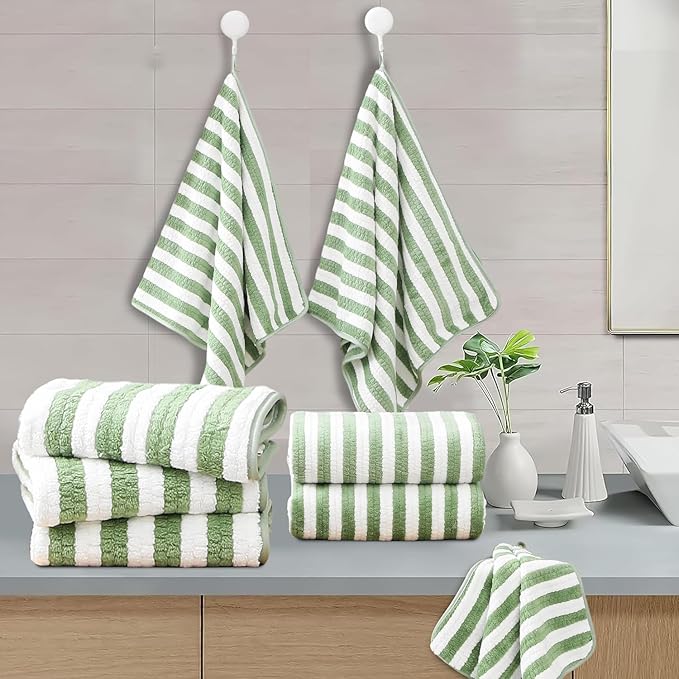 18-Piece Microfiber Bath Towels Set - 6 Bath Sheet, 6 Hand Towels, 6 Washcloths, Soft, Highly Absorbent Bathroom Towel, Quick Dry & Less Lint Shower towel for Bathroom, Hotel, Spa, Dorm-Light Green