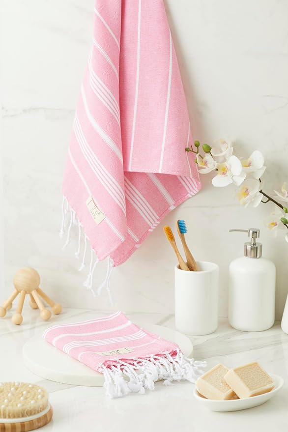 Turkish Hand Towels - Set of 2, 18" x 30" inches, Lightweight Cotton Towel Prewashed Hand Towels for Kitchen, Bath, Guest, Face, Hair, Gym, Yoga, Dishcloth, Travel (Pink)