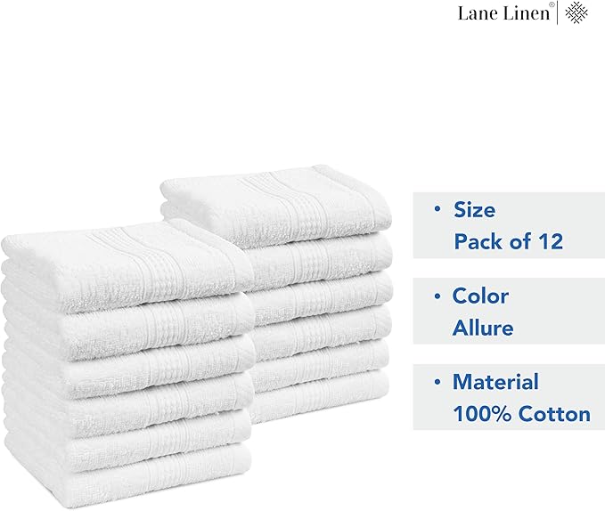 LANE LINEN 12 PC Wash Cloths Bathroom Set -100% Cotton Highly Absorbent Washcloths Bulk, Premium Spa & Hotel Quality Wash Clothes -White