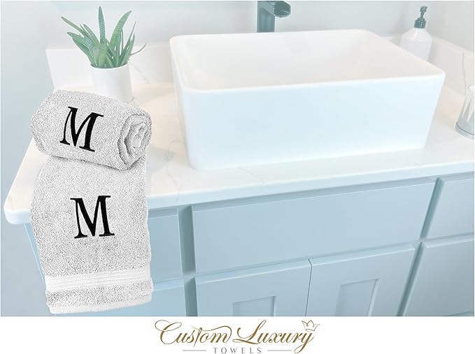 Monogrammed Hand Towels for Bathroom | Luxury Turkish Cotton | Embroidered in USA | Set of 2 | Choose Set Color and Monogram Color | A - Z | Modern Font