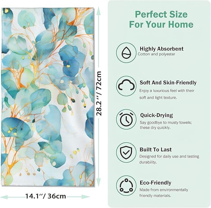 2 Pack Hand Bath Towel,Teal Eucalyptus Leaves Decorative Bath Towel Set,Fingertip Towel Bathroom Kitchen Highly Absorbent SPA Gym Towels 14x28 Inch