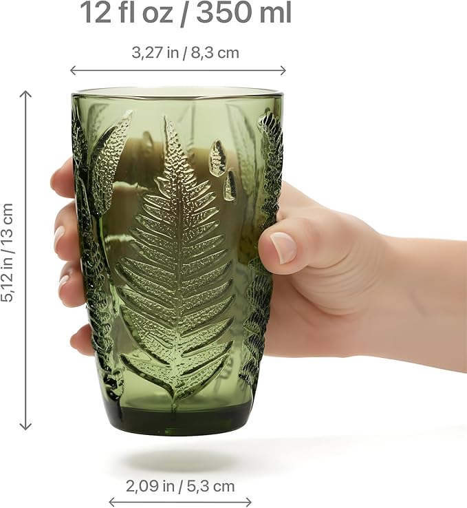 Vintage Green Drinking Glasses Set of 8, 12 oz Handcrafted Green Glass Tumblers, Fern Embossed Antique Colored Glassware, Boho Aesthetic Textured Highball Cups, Retro Drinkware Christmas Gift Set