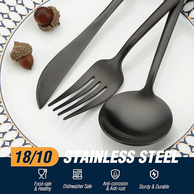 BirdyFly Black Silverware Set, 20 Piece Stainless Steel Flatware Set Service for 4, Matte Black Cutlery Set, Include Knives/Forks/Spoons, Dishwasher Safe