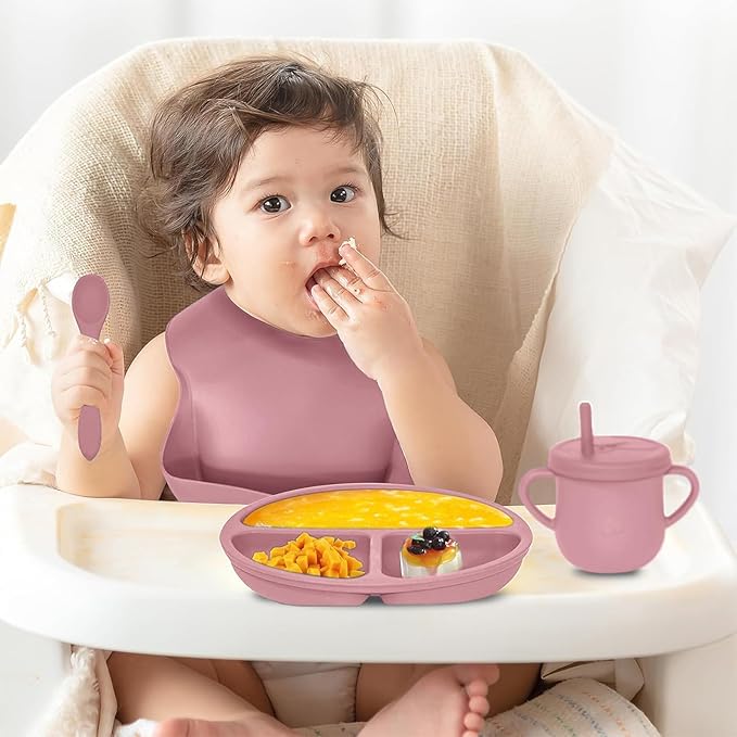 100% Silicone Baby Feeding Set,BPA Free Baby Dishes Set with Suction Bowl Divided Plate,Toddler Self Feeding Dish Set with Spoons Forks Sippy Cup and Bib, Baby Eating Utensils (Coral)