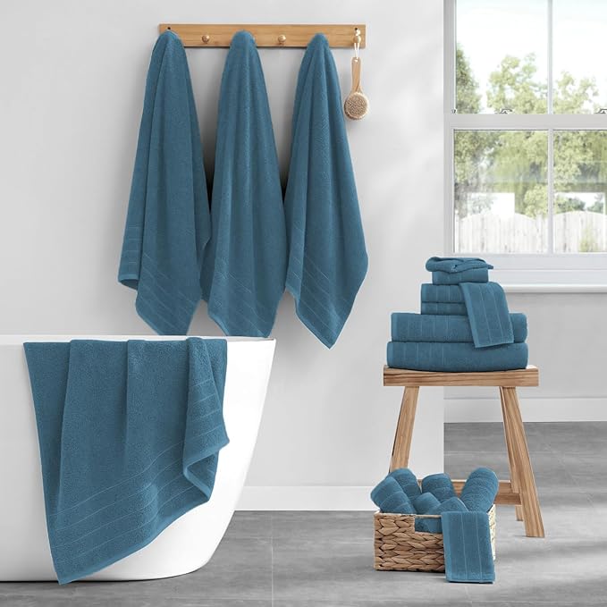 Casa Platino 100% Cotton Luxury Bath Towel Set - 18 Pieces - Ring Spun, Soft, Quick Dry & Extra Absorbent - 6 Bath, 6 Washcloths, 6 Bathroom Hand Towels - Minimal Lint After 3 Washes - Steel Blue