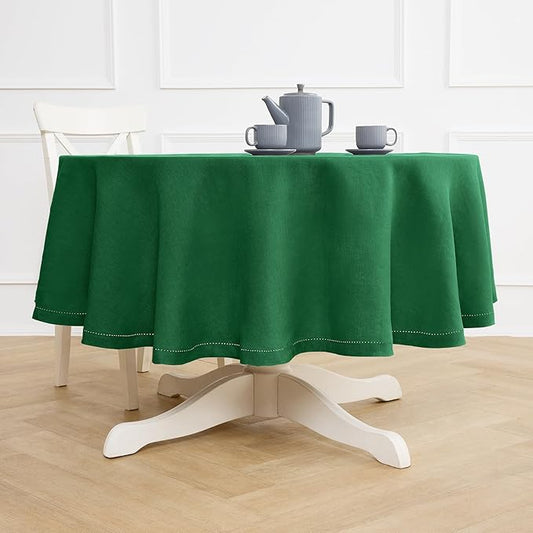 Solino Home Linen Round Tablecloth 70 Inch - 100% Pure Linen Green Round Tablecloth - Machine Washable Table Cloth for Christmas, New Year - Sonoma Hemstitch
