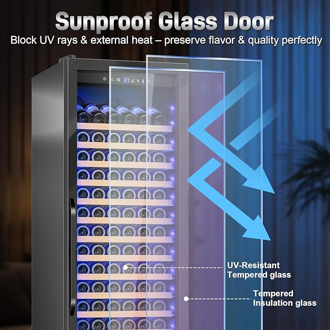 Wine Cooler-Wine Refrigerator 24 Inch Wide Large Freestanding/Built in Wine Fridge for 176 Bottles with Safety Lock Cellar Chiller Low Noise, Fast Cooling, Black