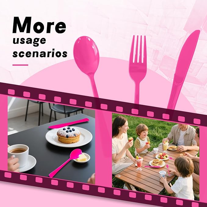 150 Pack Disposable Plastic Silverware, Heavy Duty Hot Pink Plastic Cutlery Set Includes 50 Forks 50 Knives 50 Spoons for Birthday Wedding Party Picnics (150, Hot Pink)