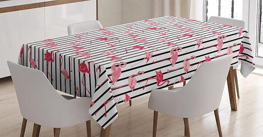 Ambesonne Flamingo Tablecloth, Flamingo Birds Pattern on Vertical Striped Background Tropical Garden Wild Nature, Dining Room Kitchen Rectangular Table Cover, 52" X 70", Black Pink