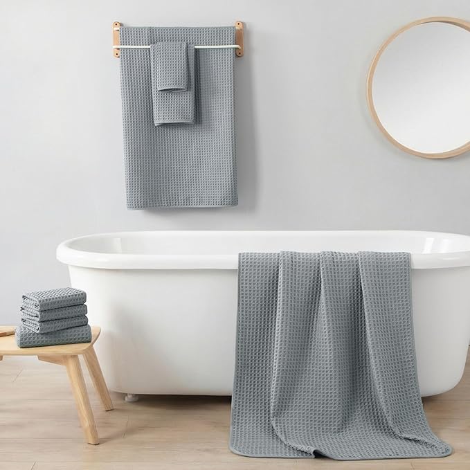 REDKISS 8 Pack Microfiber Waffle Bath Towels - Gray Waffle Towels for Bathroom, Extra Large, Highly Absorbent, Quick Dry Bath Towel Set, Lint Free Bathroom Towel for Gym, Shower, Hotel and Spa