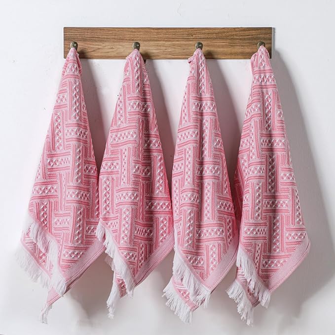 4 Pack Boho Bathroom Hand Towel 14 x 30 Inch 100% Turkish Cotton Decorative Boho Kitchen Hand Towel Farmhouse Bathroom Decor Set Absorbent Soft Guest Tea Gift(Pink,White)