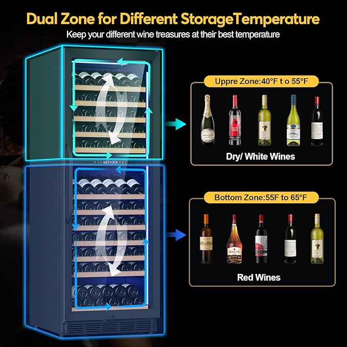 Wine Fridge Dual Zone, Freestanding Wine Cooler Refrigerator 180 Bottles Large Capacity with Sliding Rail Wooden Shelves and Door Lock, Black