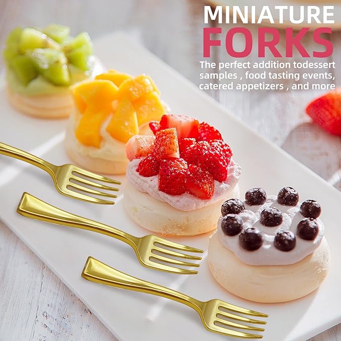 100 PCS Gold Mini Forks Heavy Duty, 4 inch Gold Plastic Fork, Mini Forks for Appetizers, Dessert Fork Disposable, BPA Free, Food Safe, Suitable for All Occasions