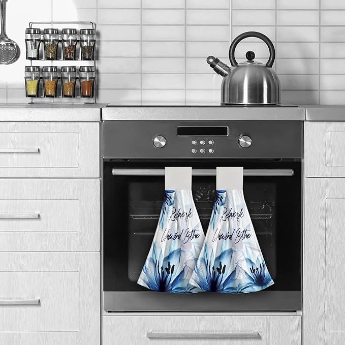 Giwawa Relax Soak Unwind Breathe Hand Hanging Towel Blue Flower Kitchen Tie Towels Set of 2 Dish Cloths Durable for Bathroom Laundry Room