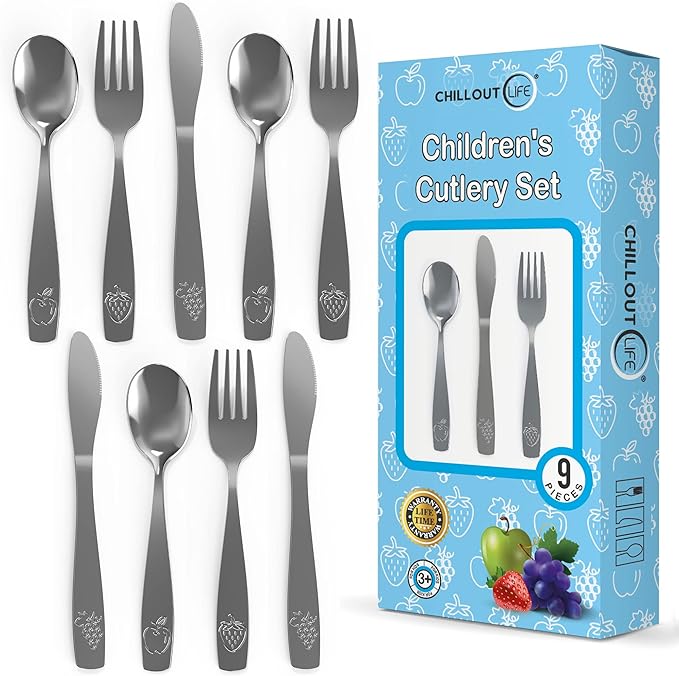 9 Piece Stainless Steel Kids Silverware Set - Child and Toddler Safe Flatware - Kids Utensil Set - Metal Kids Cutlery Set Includes 3 Small Kids Spoons, 3 Forks & 3 Knives