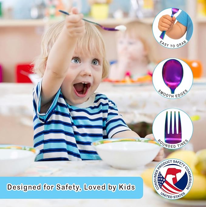 CHILLOUT LIFE Stainless Steel Kids Silverware Set 6 Pieces - Child and Toddler Safe Flatware - Kids Utensil Set - Metal Kids Cutlery Set (Includes 3 Small Kids Spoons & Kids 3 Forks, UV Rainbow)