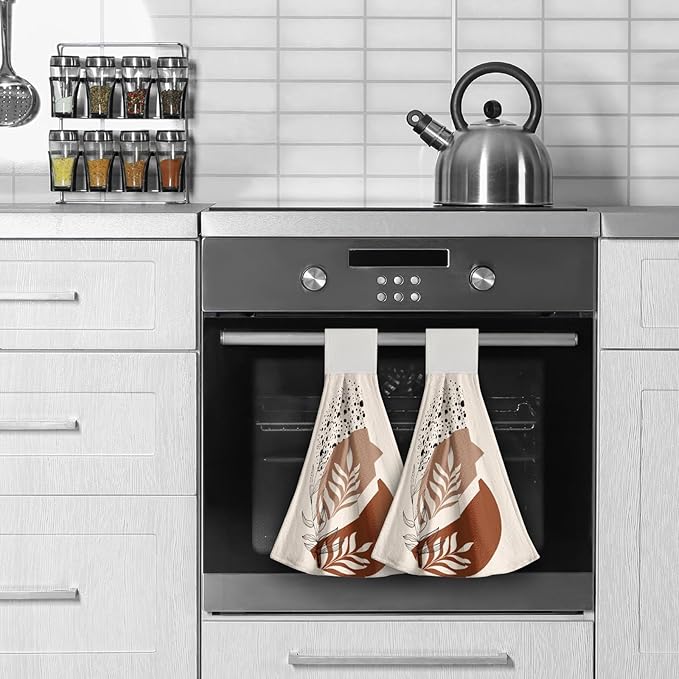 Giwawa Brown Boho Kitchen Hand Towels 2 Pieces Abstract Orange Hanging Tie Towels with Loop Soft Dishcloth for Bathroom Restroom Home Decor