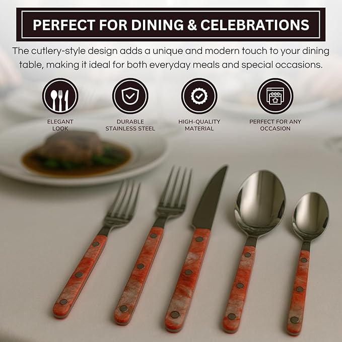 Khen 20-Piece Cutlery Set with Dinner Knives, Forks, Spoons, Salad Forks & Teaspoons – Durable and Dishwasher Safe Utensil Set for Home, Kitchen, Weddings & Occasions - Blush Storm Pattern Handle