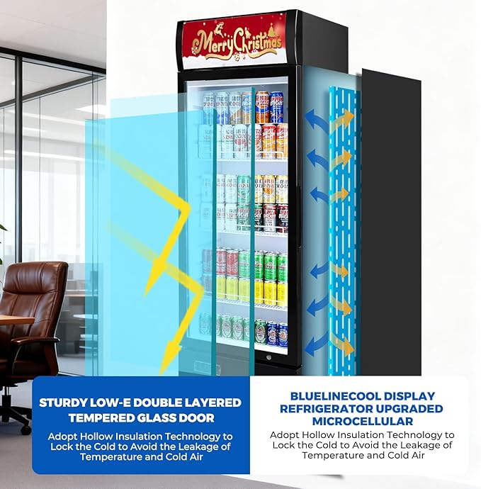 Commercial Refrigerators 9 Cu.Ft Upright Merchandiser Drink Cooler – Glass Door Beverage Fridge with LED Light, Adjustable Shelves, Lock Wheels – Display Refrigerator for Beer, Bar, Shop