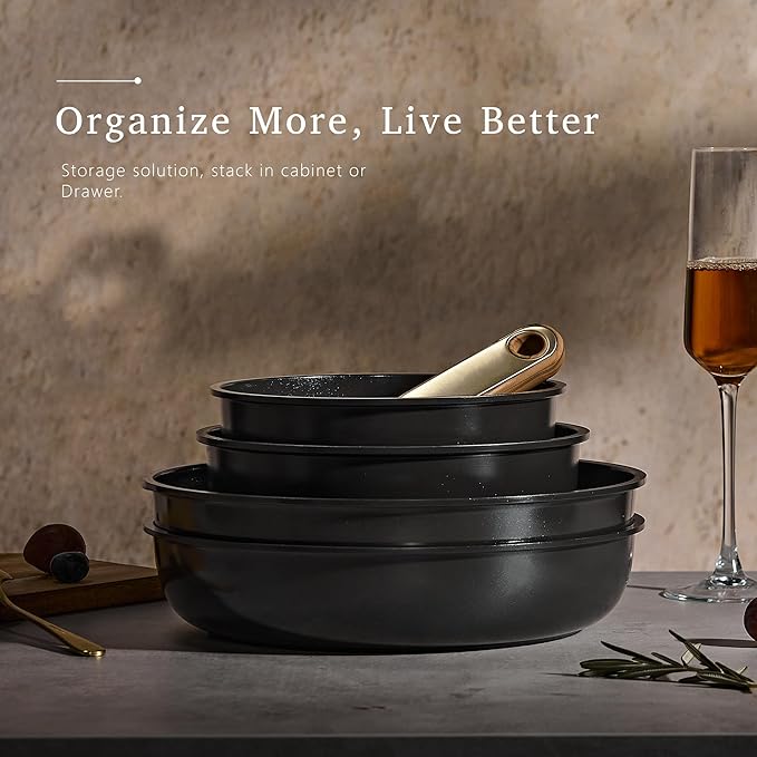 CAROTE 15Pcs Ceramic Cookware Set, Pots and Pans Set Non stick, Kitchen Cooking Set with Detachable Handle, Non Toxic Induction Cookware, Dishwasher/Oven Safe, PFAS Free, Black&Gold