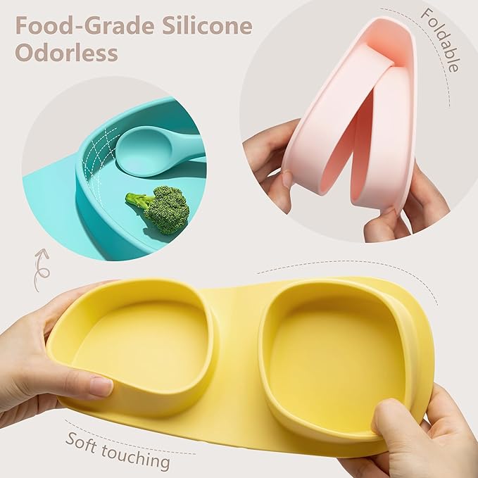 Silicone Foldable Novelty Dinner Plates,Baby Plates Travel Essential with Forks and Spoons,Microwave & Dishwasher Safe,Watermelon