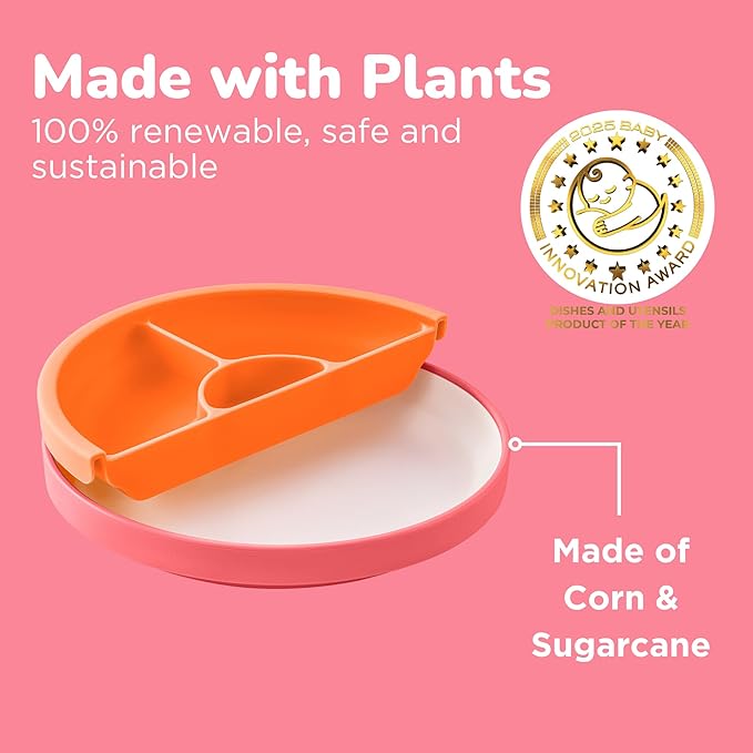 Omie® Easy Scoop Plates for Kids | Unique Design Helps Food Fall into the Spoon, Not on the Table | Made from Plants | 3 Plates + 2 Silicone Dividers | Pink
