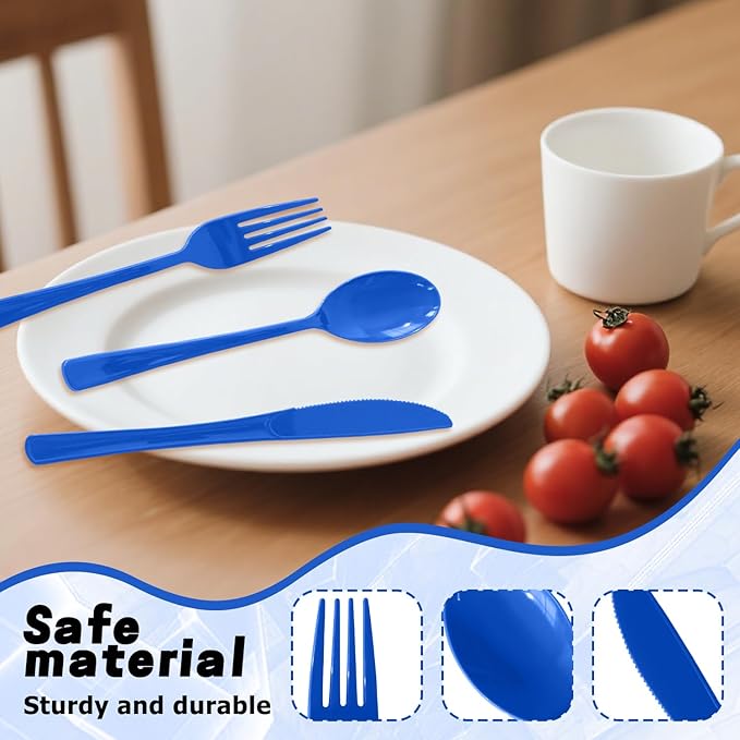 150 Pack Disposable Plastic Silverware, Heavy Duty Blue Plastic Cutlery Set Includes 50 Forks 50 Knives 50 Spoons for Birthday Wedding Party Picnics (150, Blue)