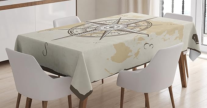 Ambesonne Compass Tablecloth, Nautical Compass on Background Old Map with Torn Border Frame Illustration Print, Rectangular Table Cover for Dining Room Kitchen Decor, 60" X 90", Brown Beige